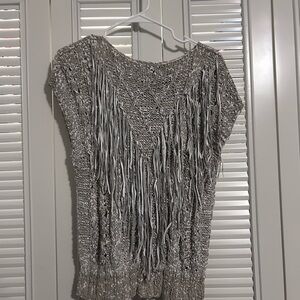 Genuine leather Fringe Knit Top - Gray